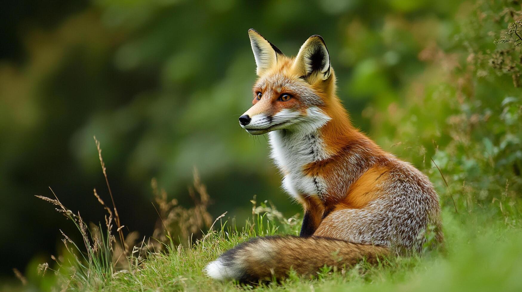 A red fox is sitting in the green grass, it is looking alert with its ears perked. The fox is resting amongst the natural landscape. photo