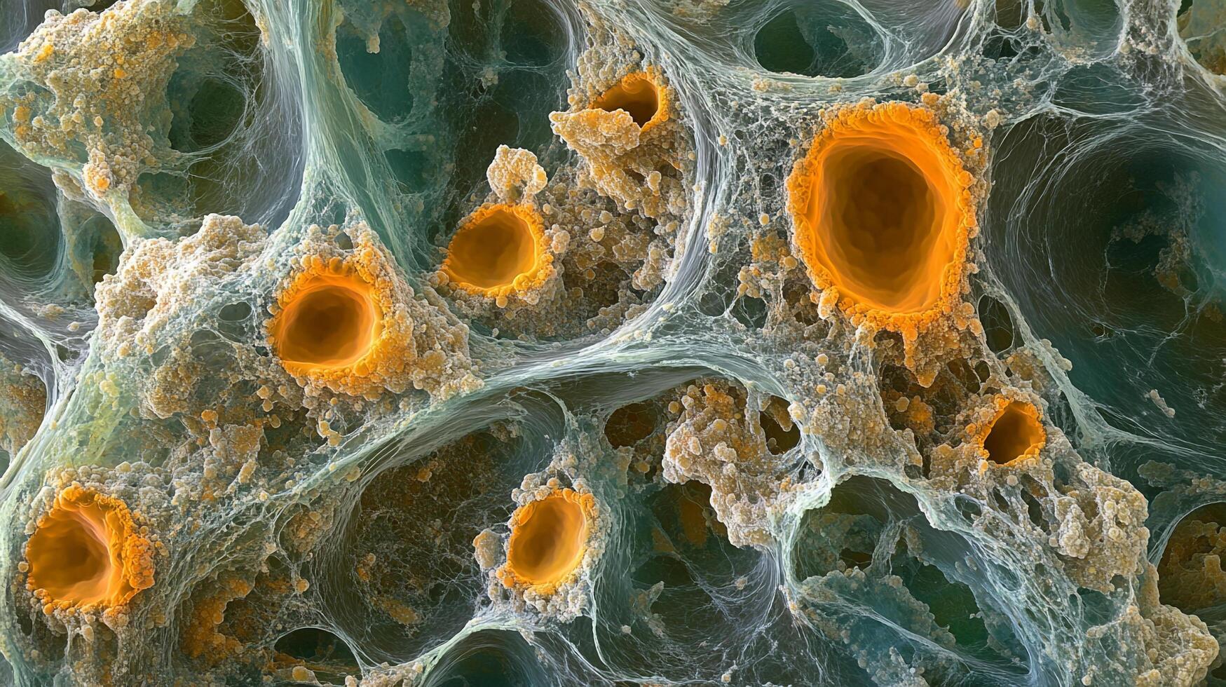 Detailed microscopic view reveals porous cellular structure with golden-rimmed cavities surrounded by a delicate network of light fibers. photo