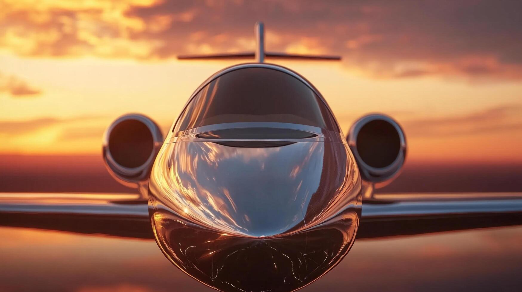 Sleek private jet reflecting a vibrant sunset, embodying luxury and high-end travel against a warm, colorful sky. Modern aviation design. photo