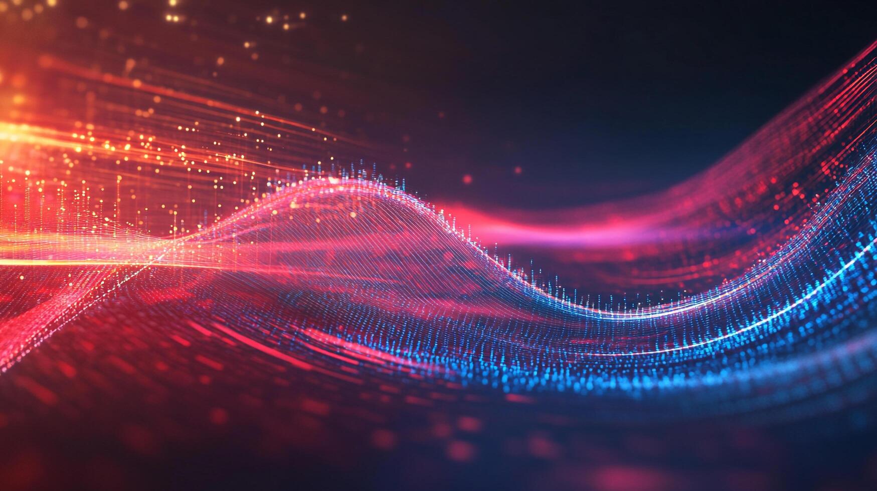 Abstract wave of illuminated data points, simulating flowing digital information, connectivity, and technology in red and blue gradient. photo