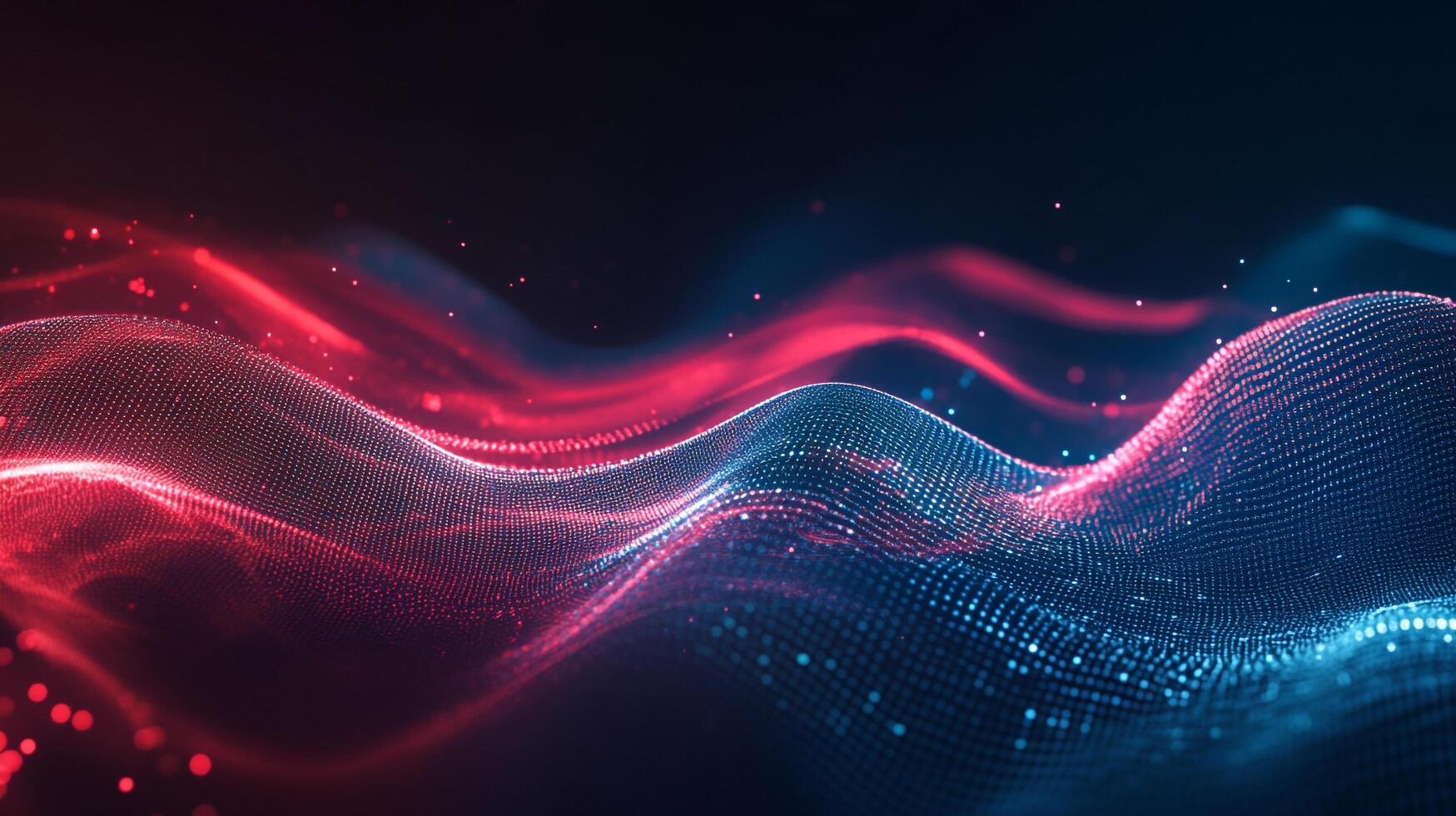 Abstract vibrant wave pattern formed by glowing particles. A contrast of warm red and cool blue against a dark background creates depth. photo