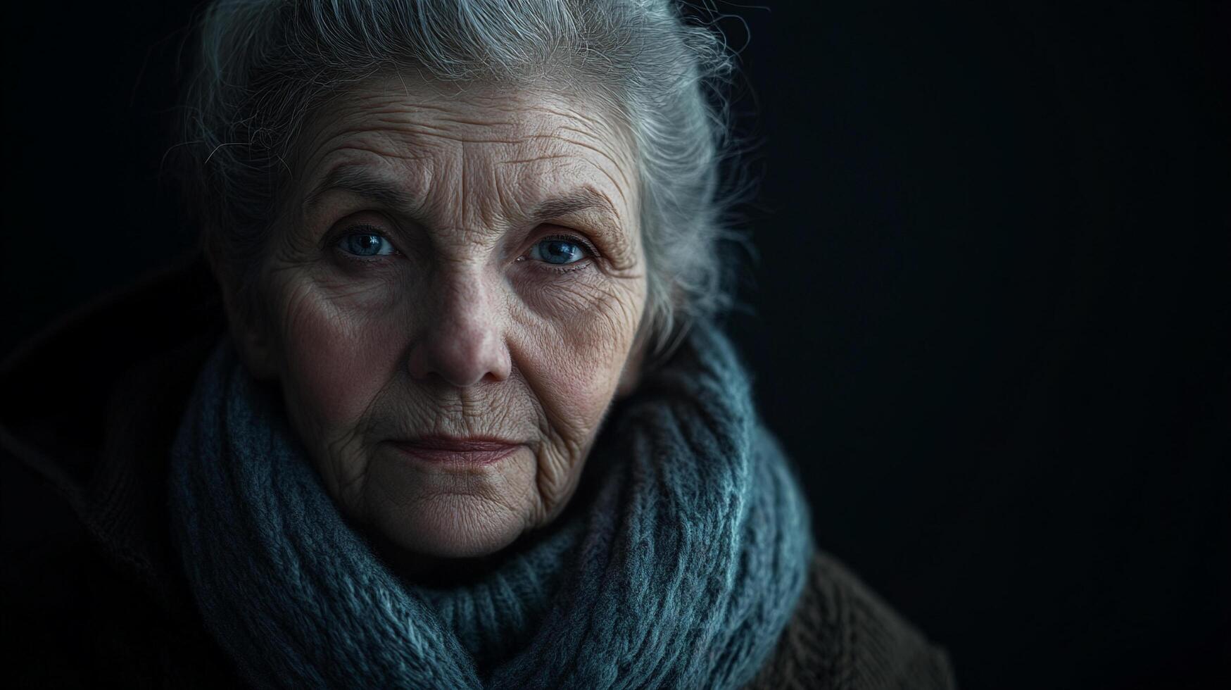 An elderly woman with captivating blue eyes and gray hair gazes directly at the camera, her face etched with a lifetime of stories. photo