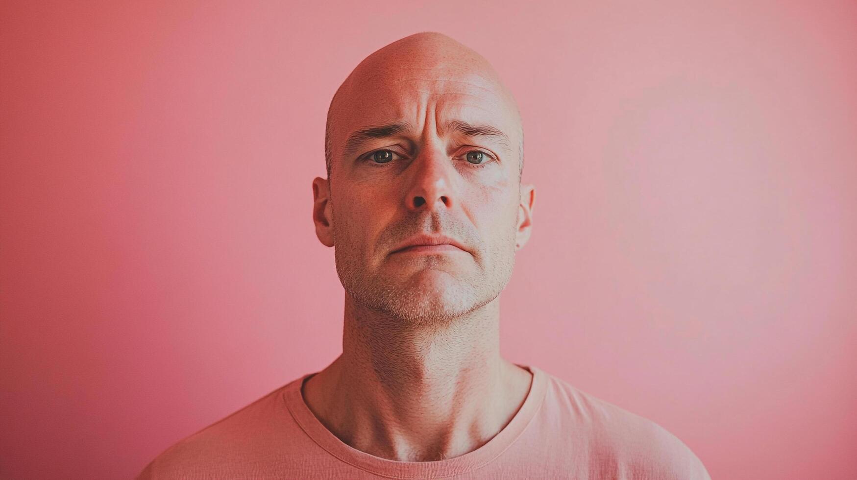 Contemplative bald man against a pink backdrop, showcasing emotive portraiture and neutral facial expression conveying introspection. photo