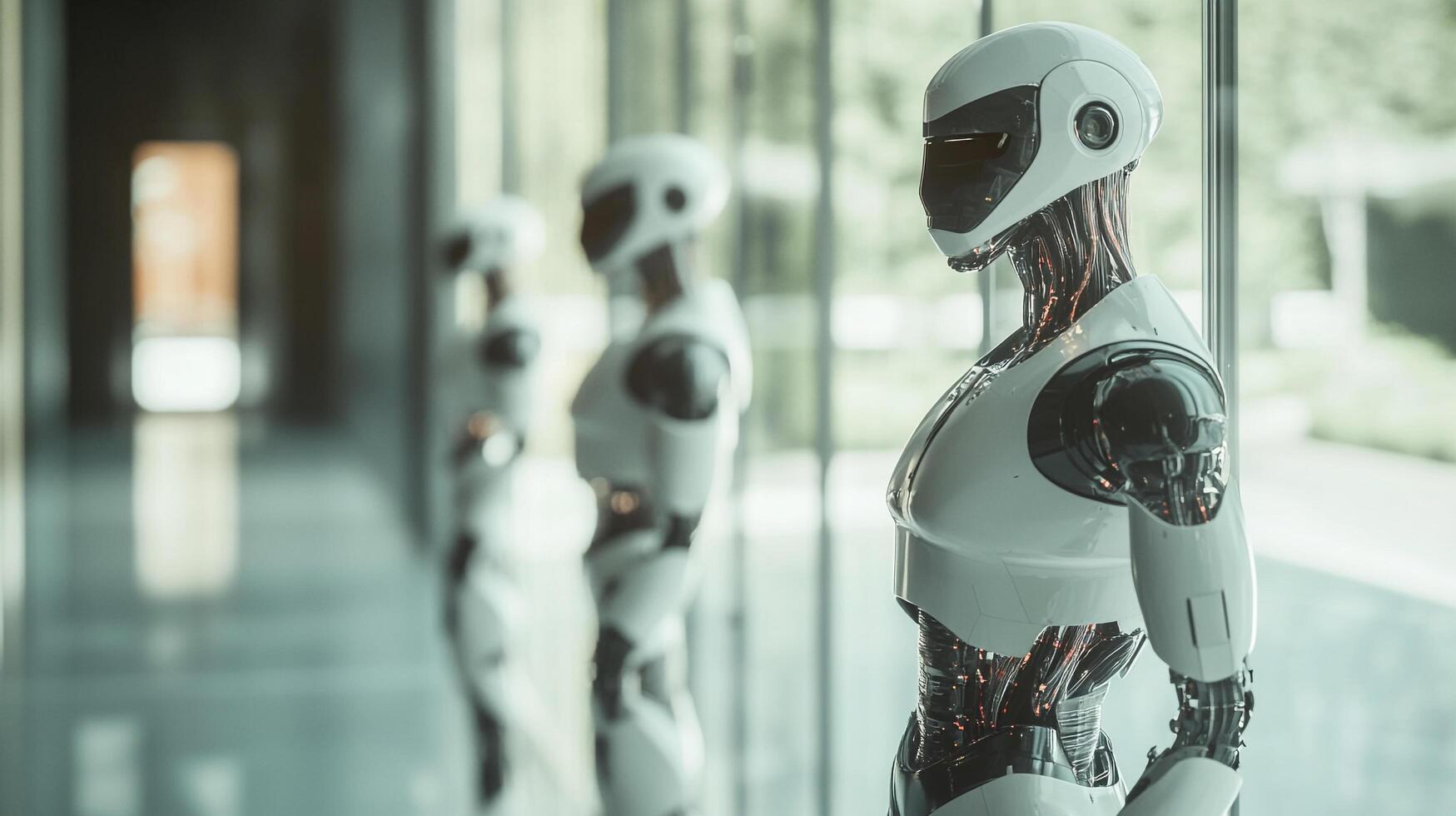 Line of sleek futuristic humanoid robots standing in a modern, minimalist hallway. Science fiction meets reality in this scene. photo