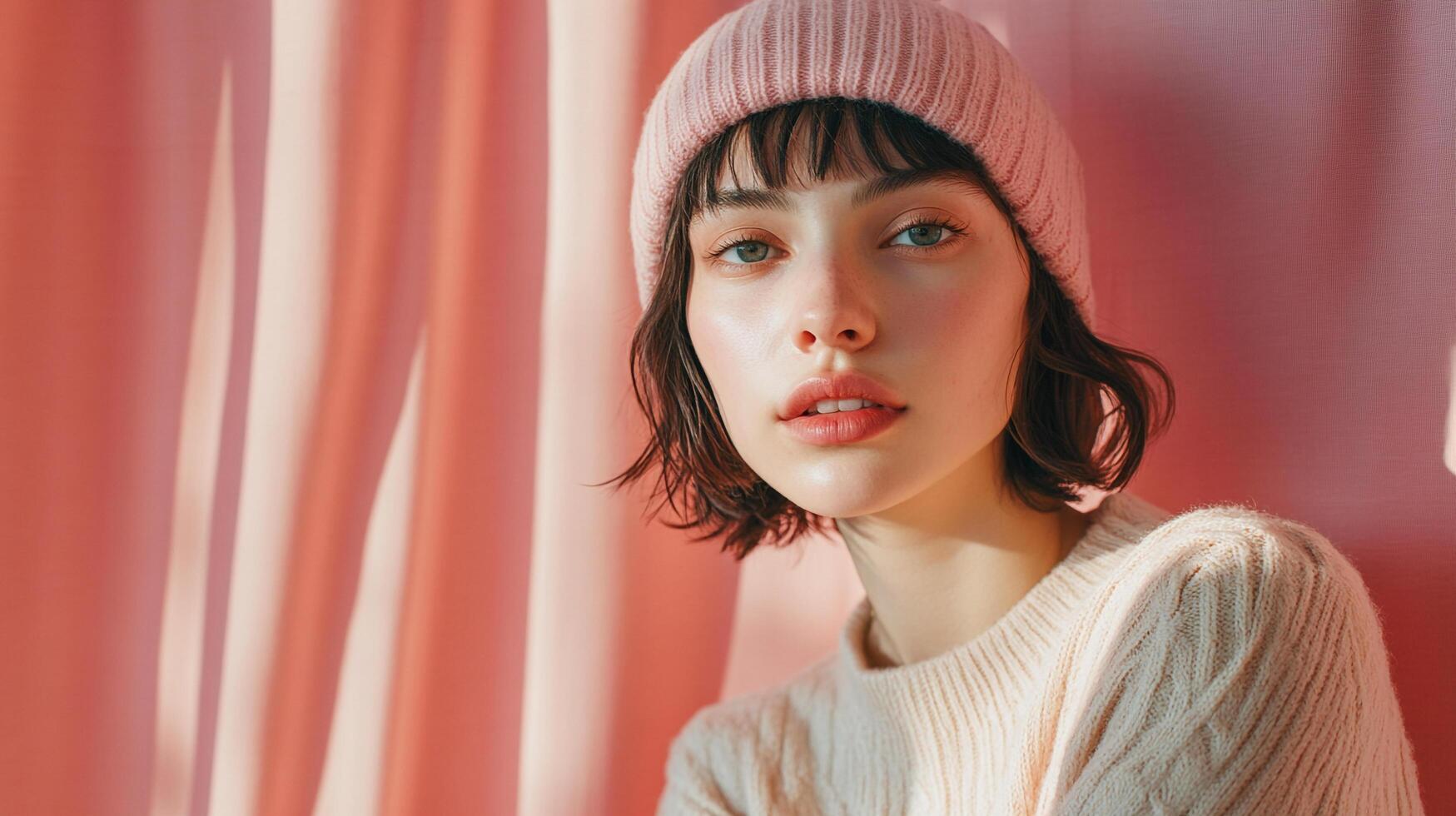 Portrait of a young woman with a pink beanie and a beige sweater, set against a soft pink backdrop, showcasing natural beauty. photo