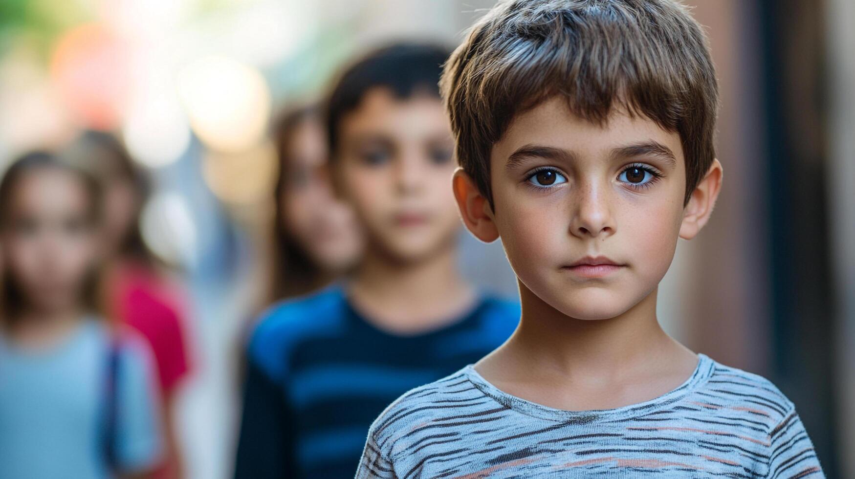 Group of children walking together, the boy in the foreground looking directly at the camera with a serious and thoughtful expression. photo
