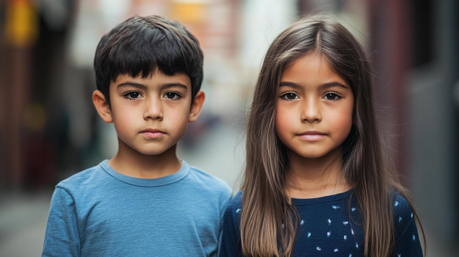 A young boy and girl stand side-by-side with neutral expressions. Their eyes meet the camera. The scene is softly focused and intimate. photo