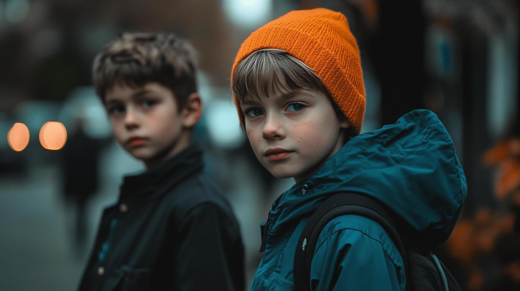Two young boys stand on an urban street, one wearing a bright orange beanie and a blue coat, facing the viewer with a serious expression. photo
