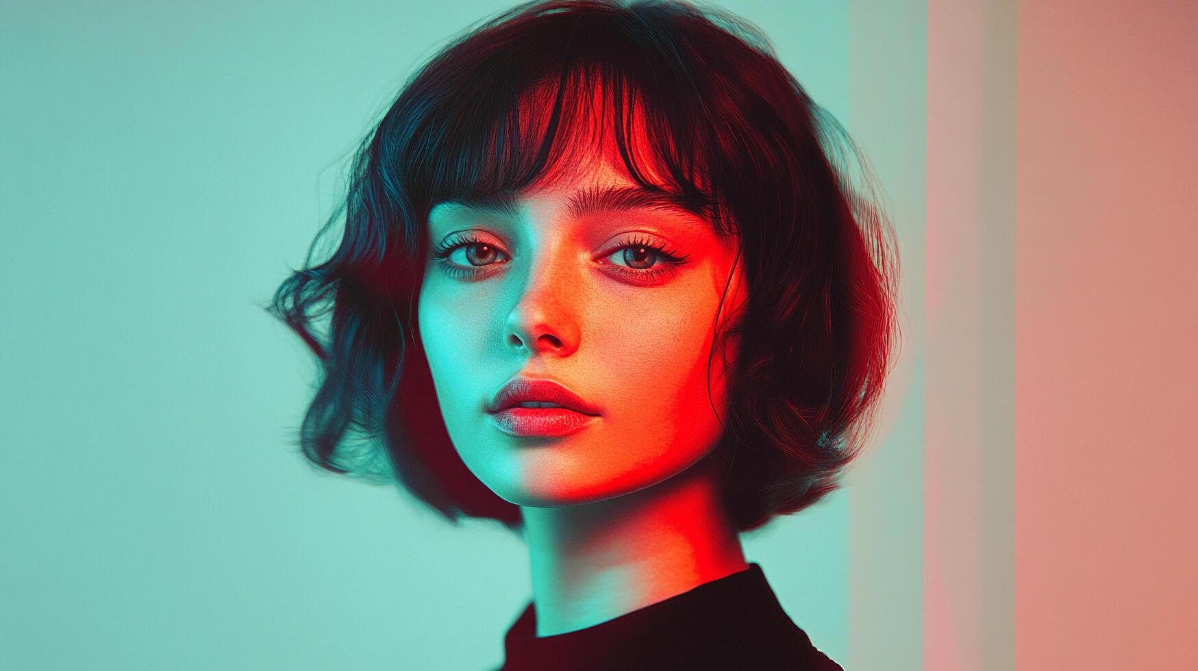 Portrait of a woman with short dark hair, bangs, lit with neon red and blue lights. She looks directly at the viewer with a neutral expression. photo