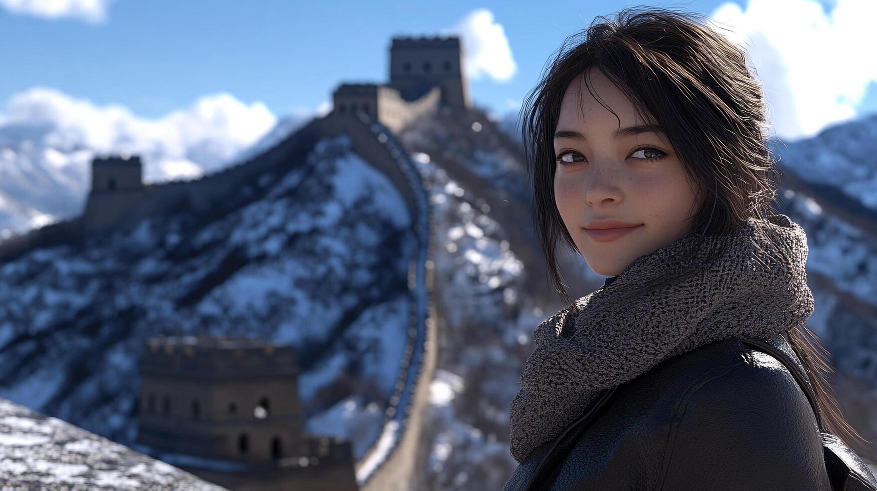 Young Woman's portrait with the ancient fortification winding through a snowy landscape. Serene traveler exploring history and culture. photo