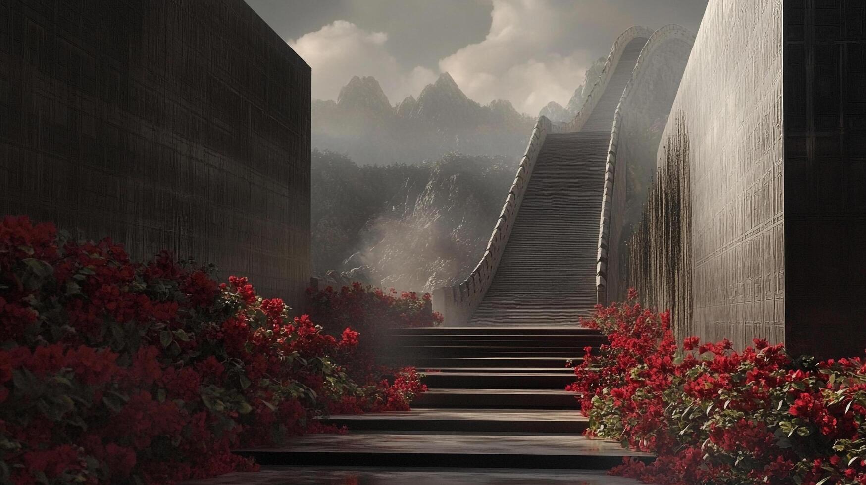 Mystical stairway ascent. Stairway ascends to misty mountains between walls adorned with red flowers. Tranquil natural pathway. photo