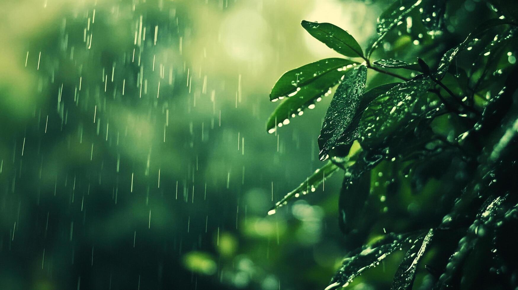 A tranquil scene of rain falling on lush green leaves, creating a refreshing atmosphere. The droplets glisten, enhancing the nature's beauty. photo