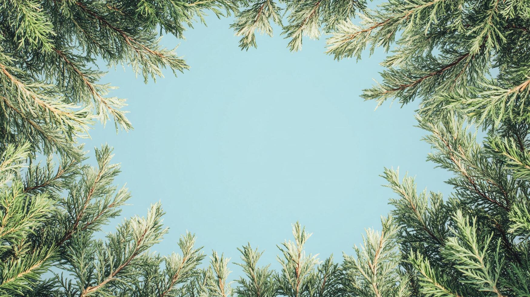 Green fir branches frame a light blue background in this nature-themed photograph, creating a simple and elegant winter vibe. photo