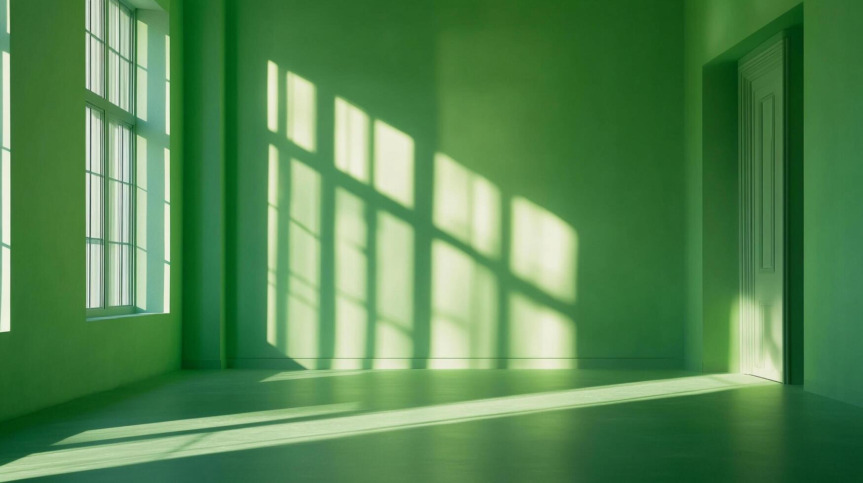 A vibrant green room bathed in sunlight, creating a play of light and shadow. The windows cast geometric patterns on the walls and floor. photo