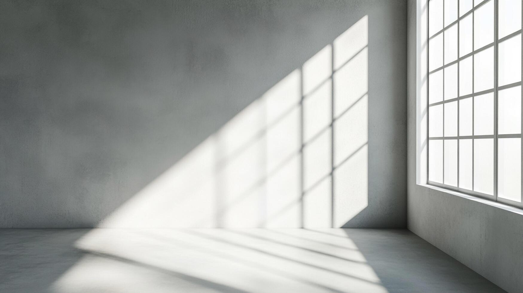 Sunlight streams into a minimalist room, casting shadows and highlighting the texture of the concrete floor and wall. The window creates a dynamic. photo