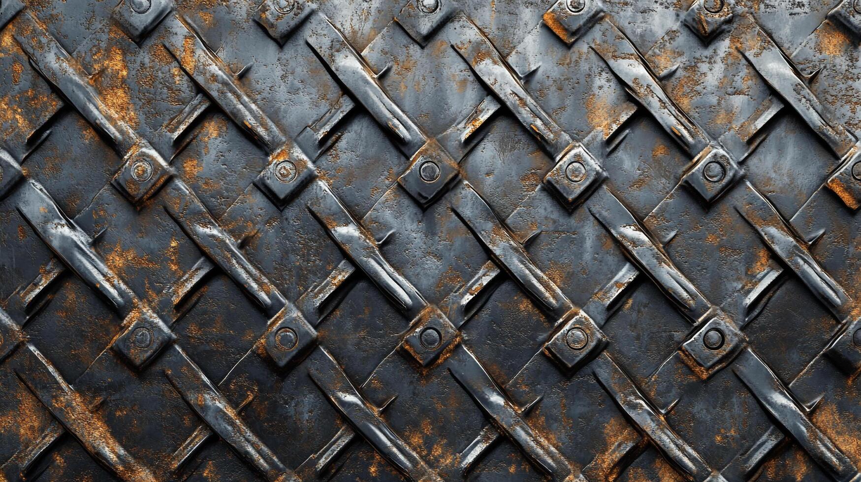 Detailed shot of an antiquated metal lattice structure, exhibiting a robust textured surface with signs of weathering and corrosion, showcasing age. photo