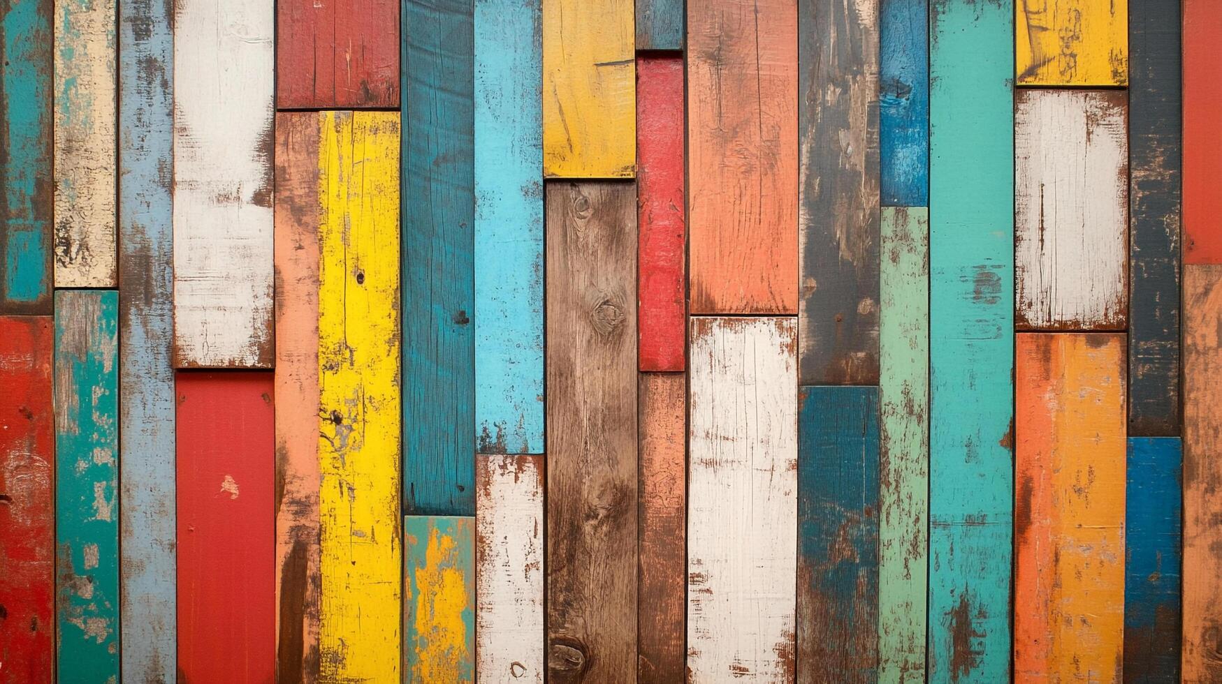 Colorful reclaimed wood planks create a vibrant, textured surface. The weathered paint adds unique charm and visual interest. photo