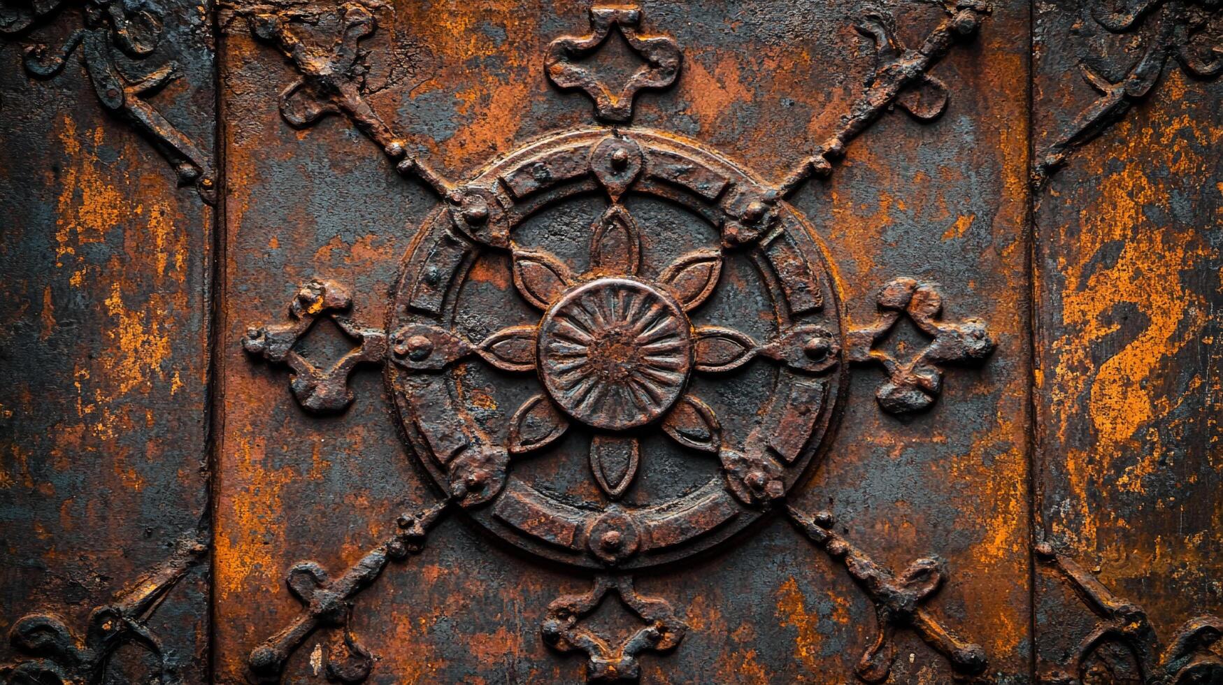 Intricate floral patterns cast in rust-colored metal create texture and depth, enhancing a design that blends antiquity with modern artistry. photo