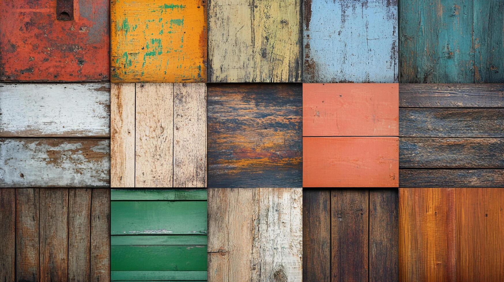 A colorful patchwork of wooden planks shows texture and aging. Various colors and patterns combine to form a unique, rustic wall covering. photo