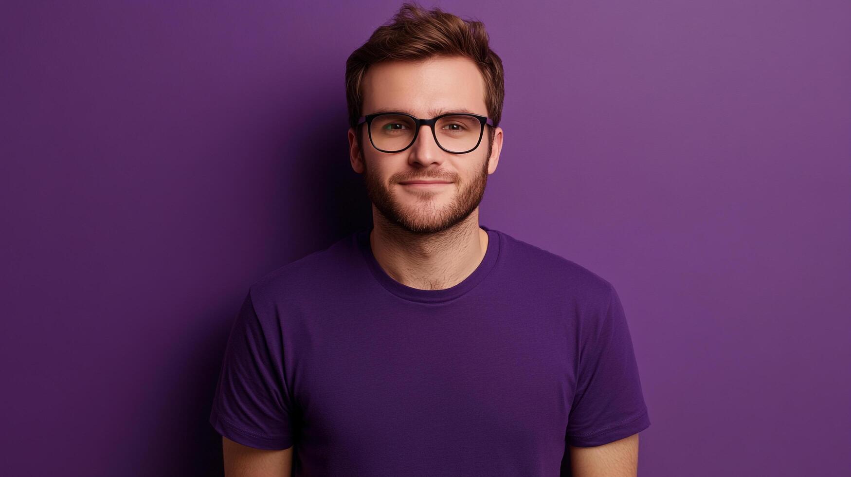 Portrait of a young man with glasses, smiling against a purple background, wearing a purple shirt. Focused and friendly gaze. photo