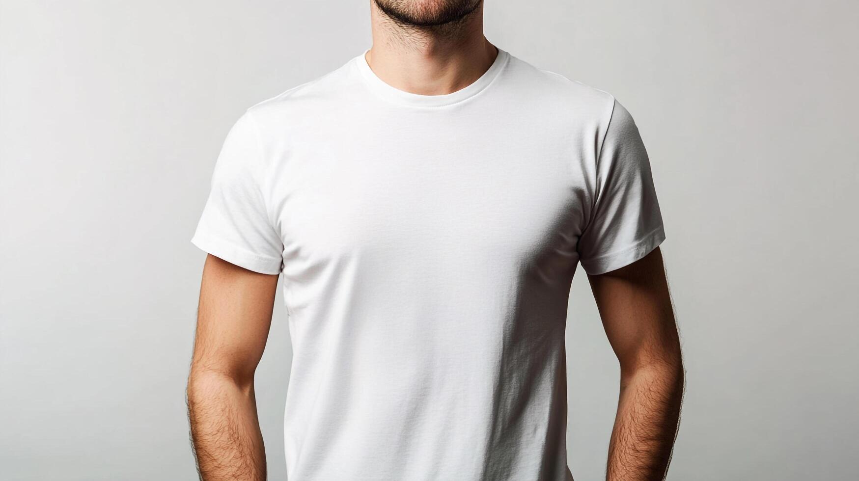 A man stands, his hands loosely placed in front of him, a stark white tee shirt creating a minimalist and casual appearance. photo