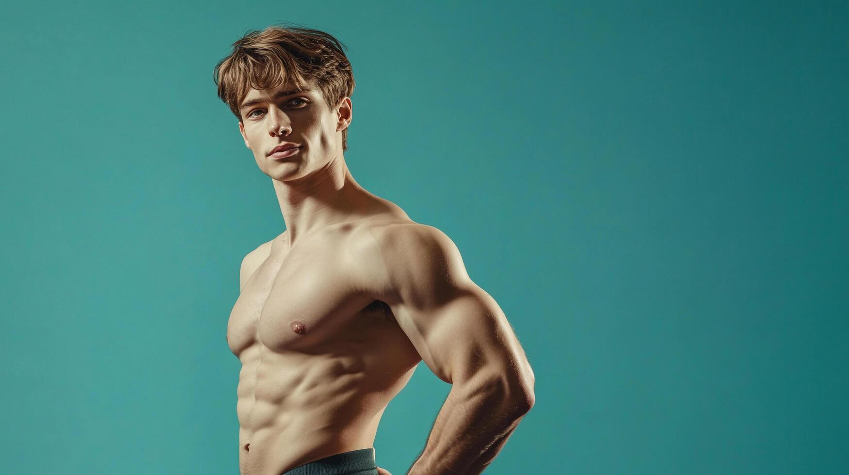Fit male model posing against a turquoise backdrop showcases muscular physique, highlighting fitness and health through toned body. photo