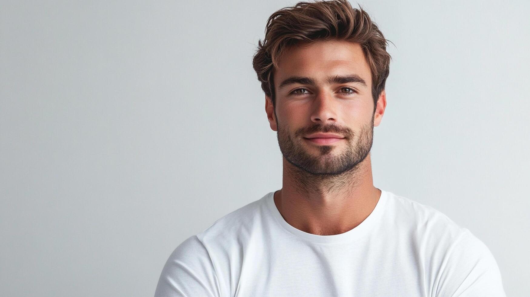 Portrait of a handsome man with brown hair and beard, wearing a plain white t-shirt against a light gray studio background. Confident pose. photo