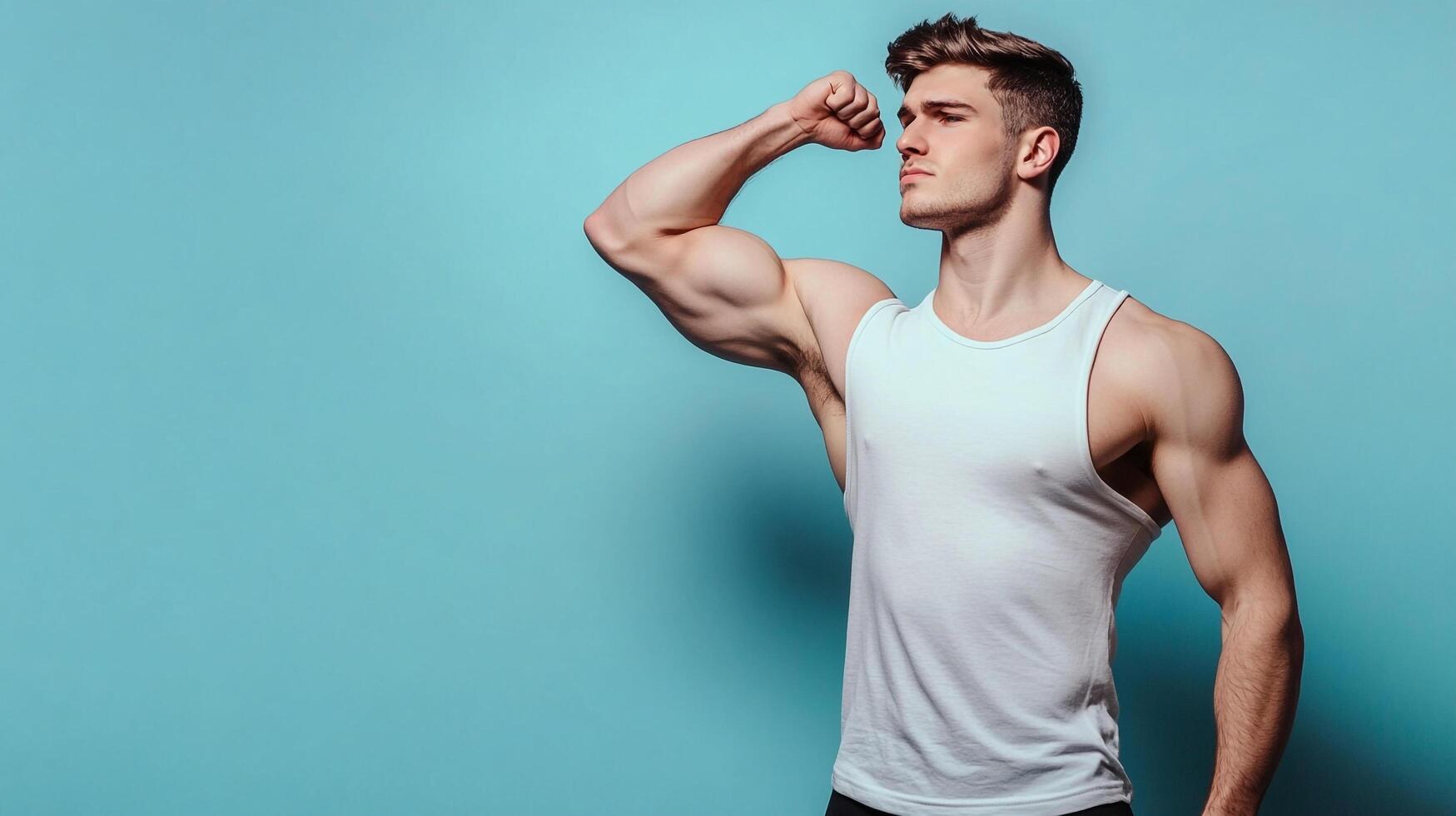 Muscular man flexing his bicep, portrait, blue background, white top. Ideal for fitness, health, body building and personal care use. photo