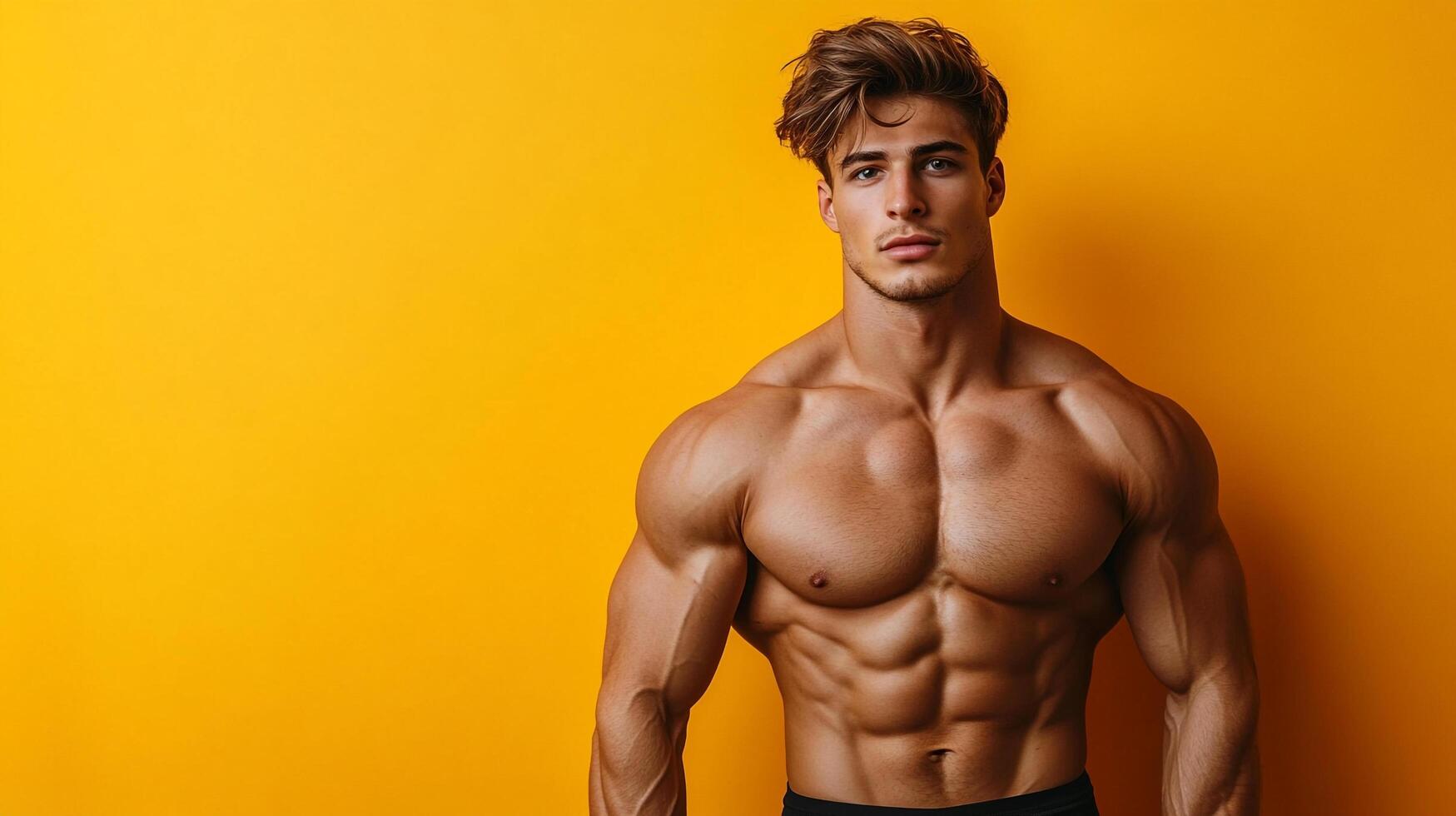 A muscular man stands against a vibrant yellow backdrop, showcasing sculpted physique and radiating confidence with striking visual appeal. photo