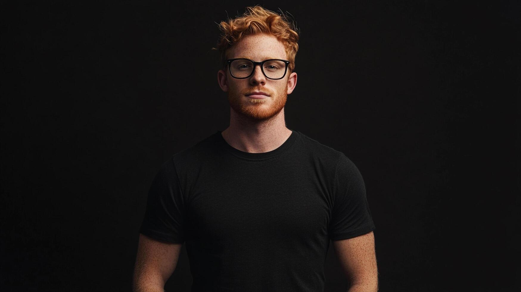 Portrait of a redhead man with freckles wearing glasses and a black t-shirt against a dark background looking at the camera. photo