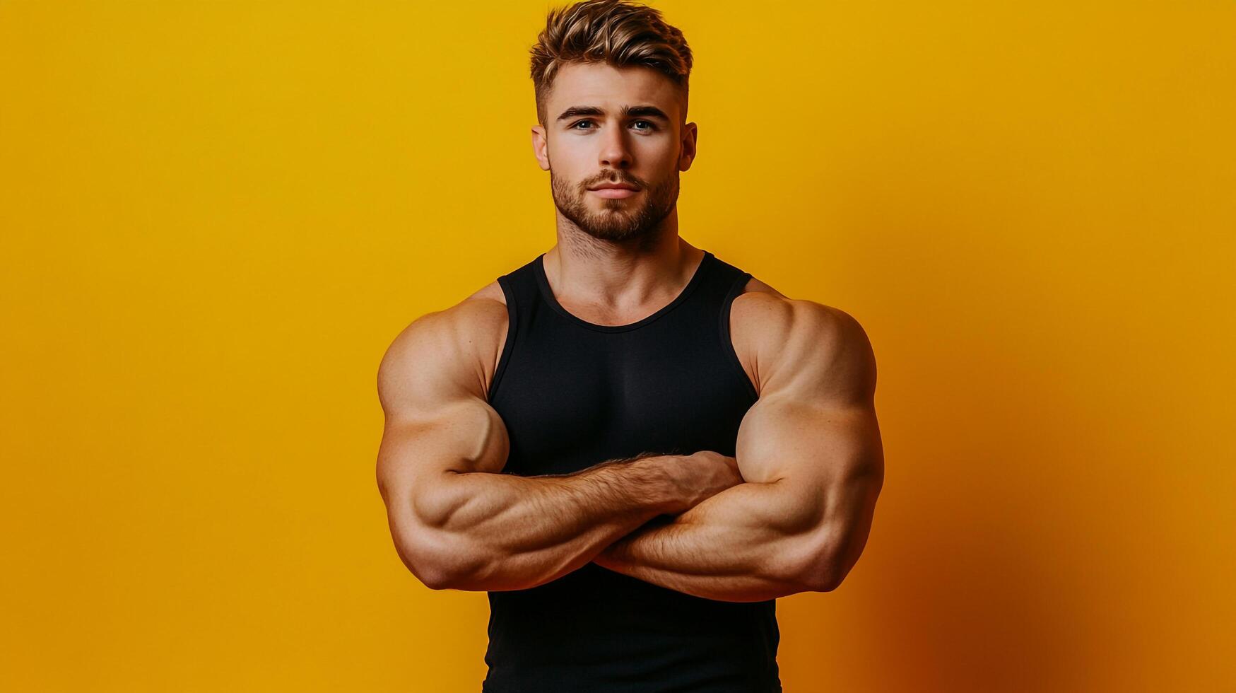 Muscular man with tanned skin, confident expression, and arms crossed. He is wearing a black tank top against a yellow background. photo