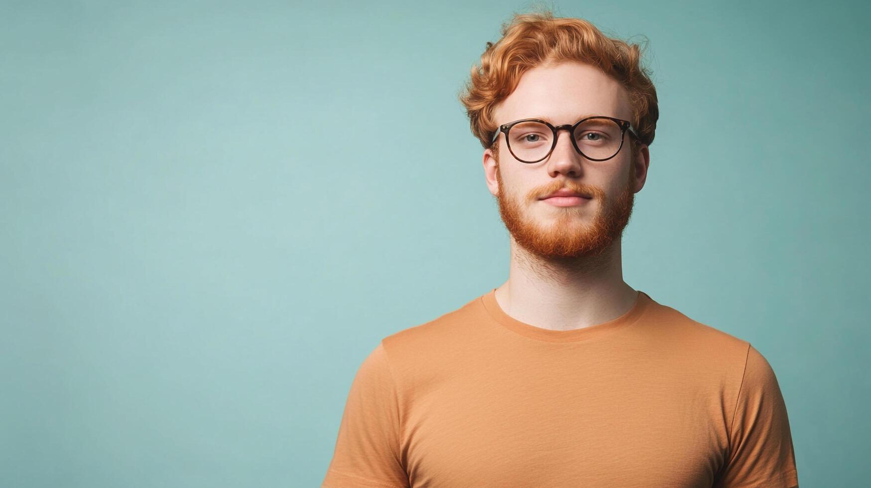 Portrait of a young man with red hair and a beard, wearing glasses and a peach-colored t-shirt against a light blue background. photo