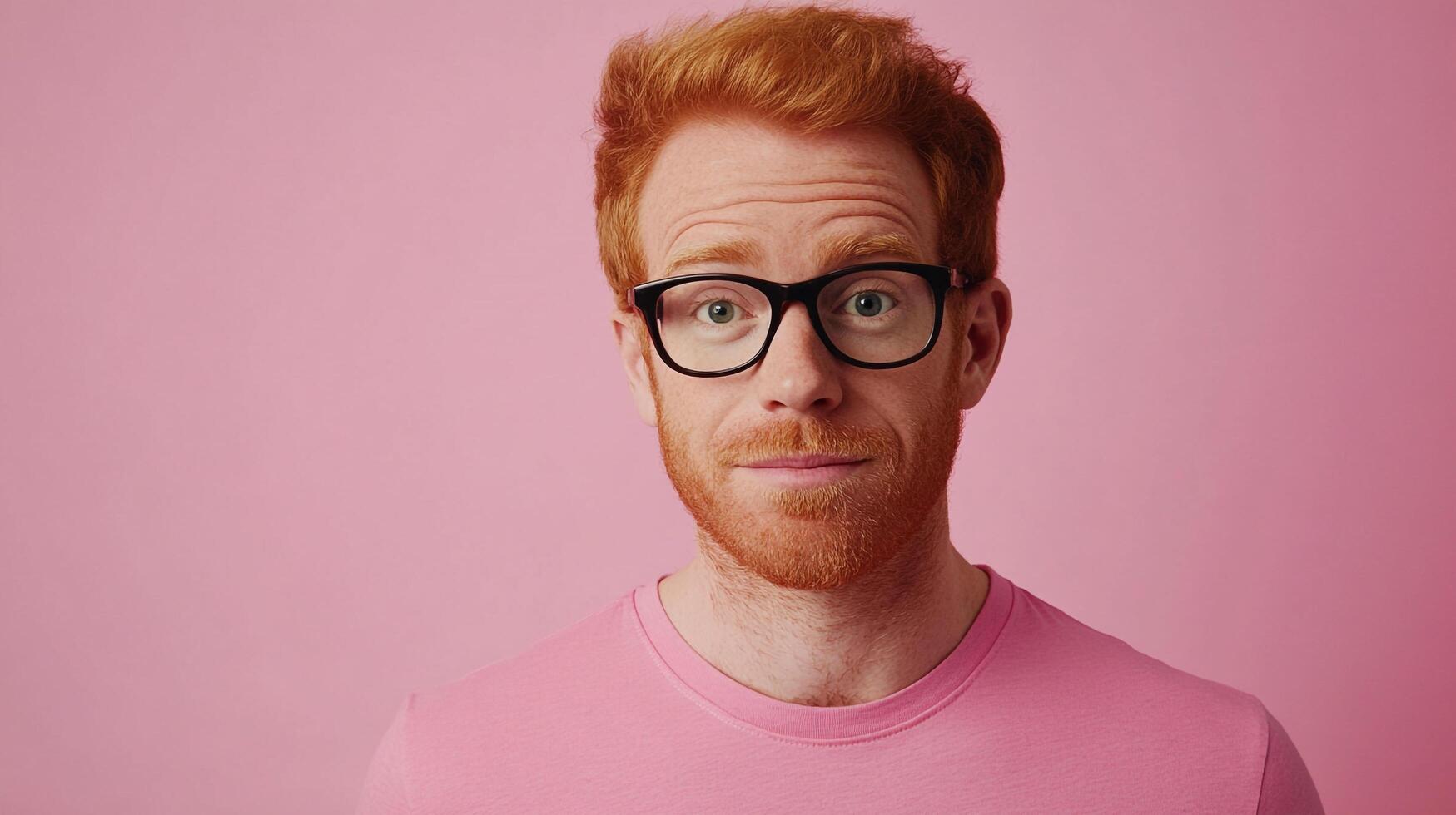 Red-haired man with glasses, looking at the viewer against a pink background, conveying a friendly and engaging expression. photo