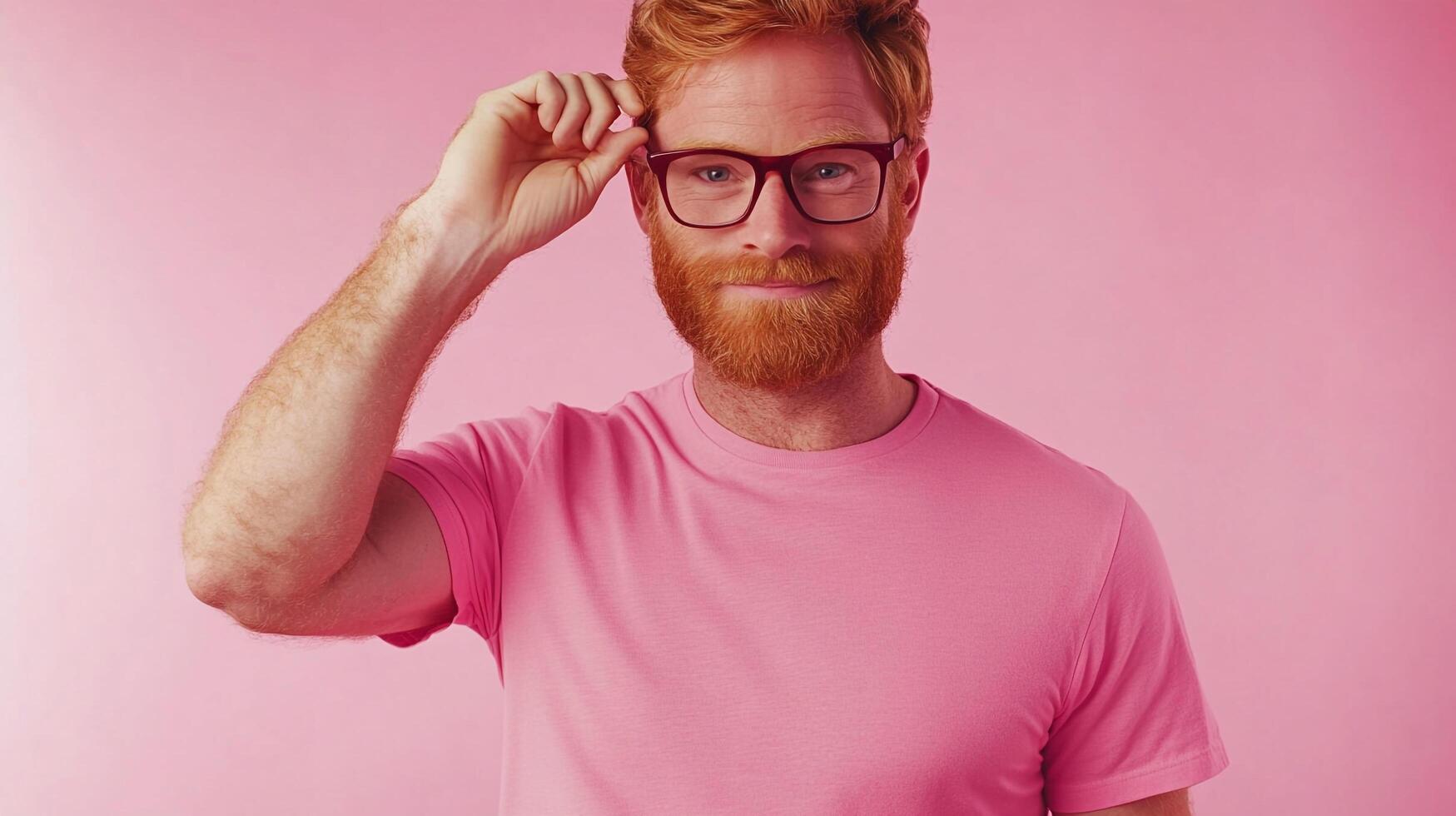Man with red hair and beard wearing glasses and a pink shirt, standing in front of a pink background. He's adjusting his glasses frame. photo