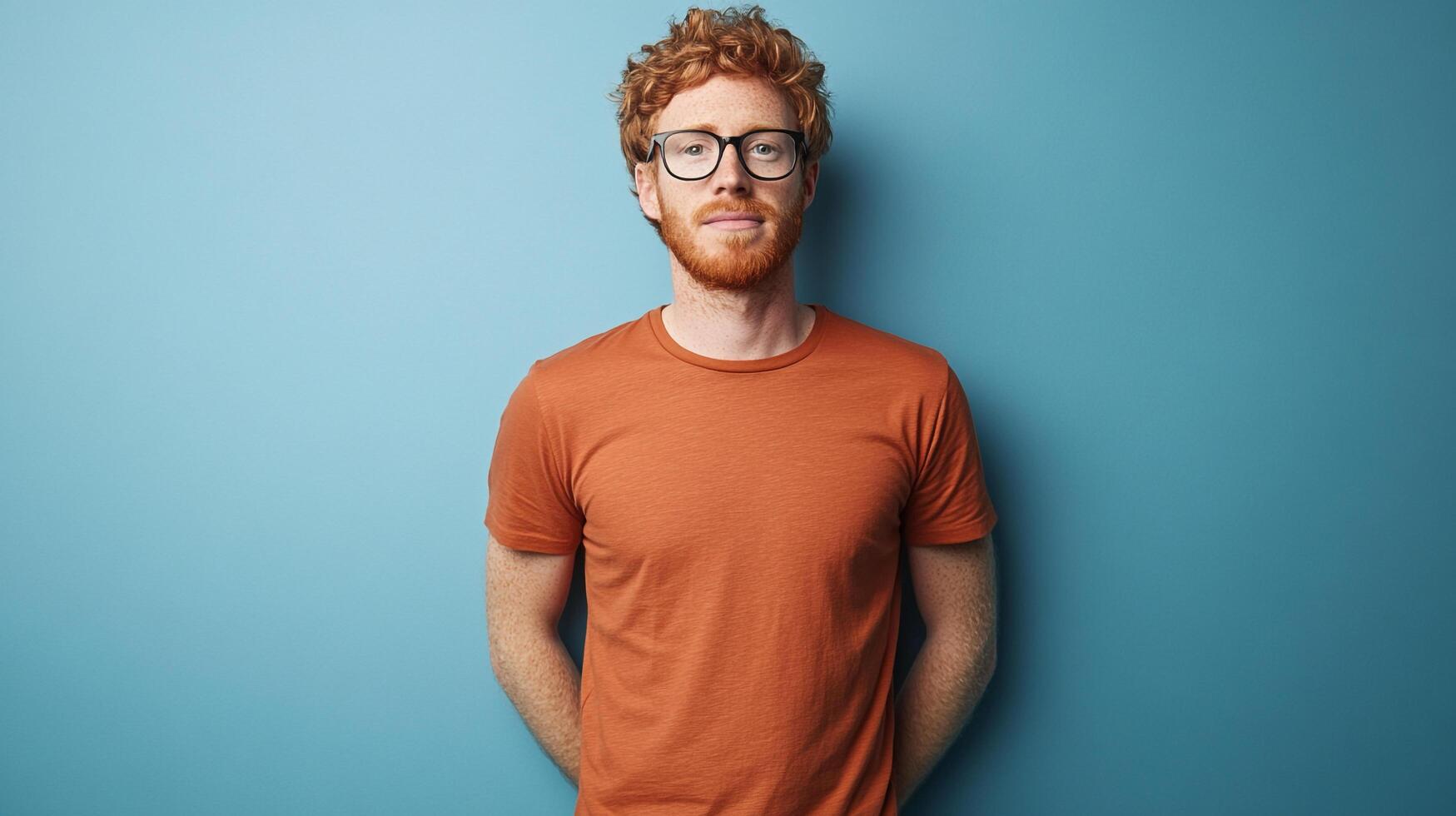 Portrait of a red-haired man with glasses, wearing an orange shirt, standing against a blue wall with a neutral expression on his face. photo