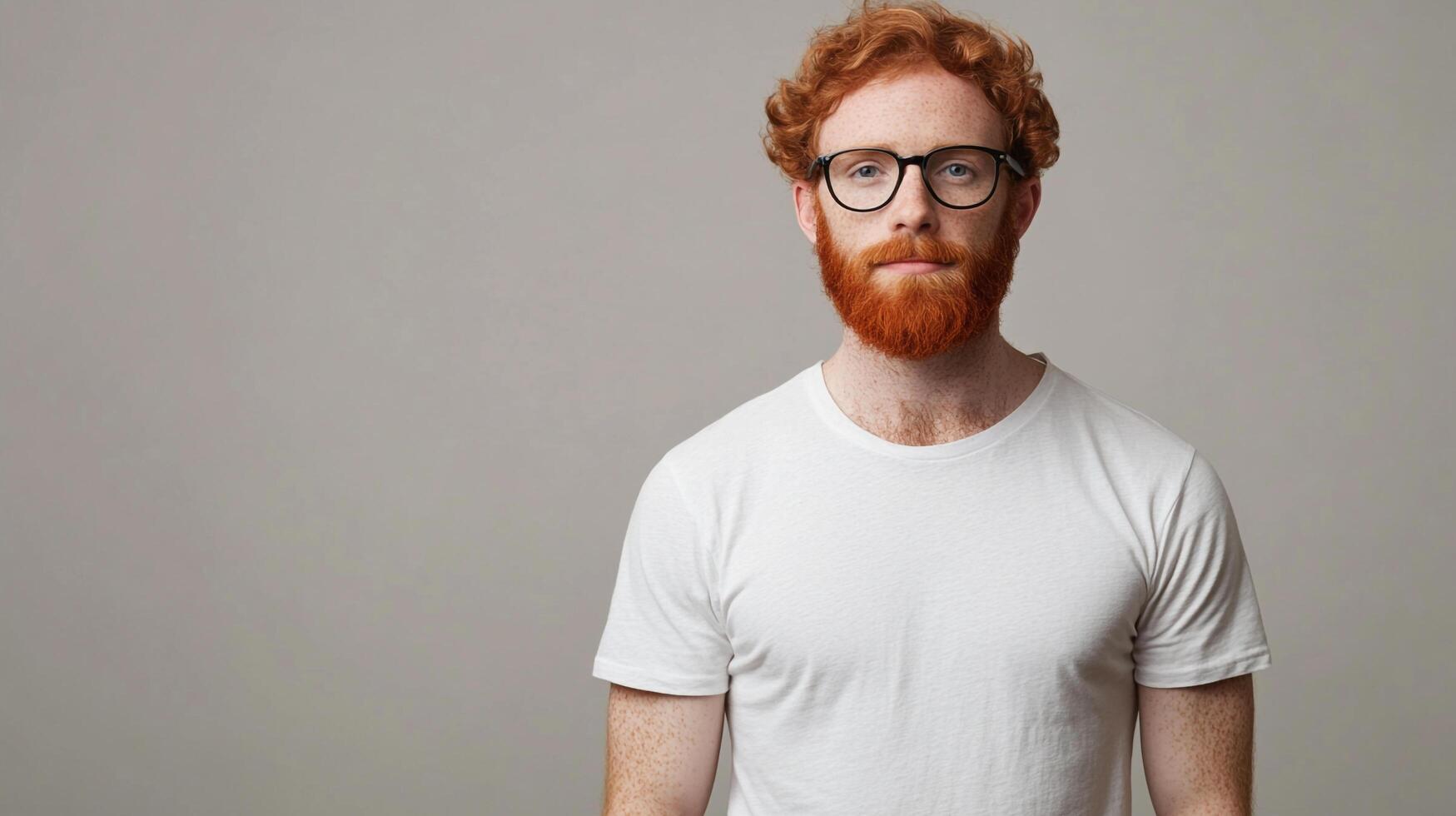 Red-haired man with glasses confidently looks forward, freckles visible, wearing a white t-shirt against a grey background. Studio portrait. photo