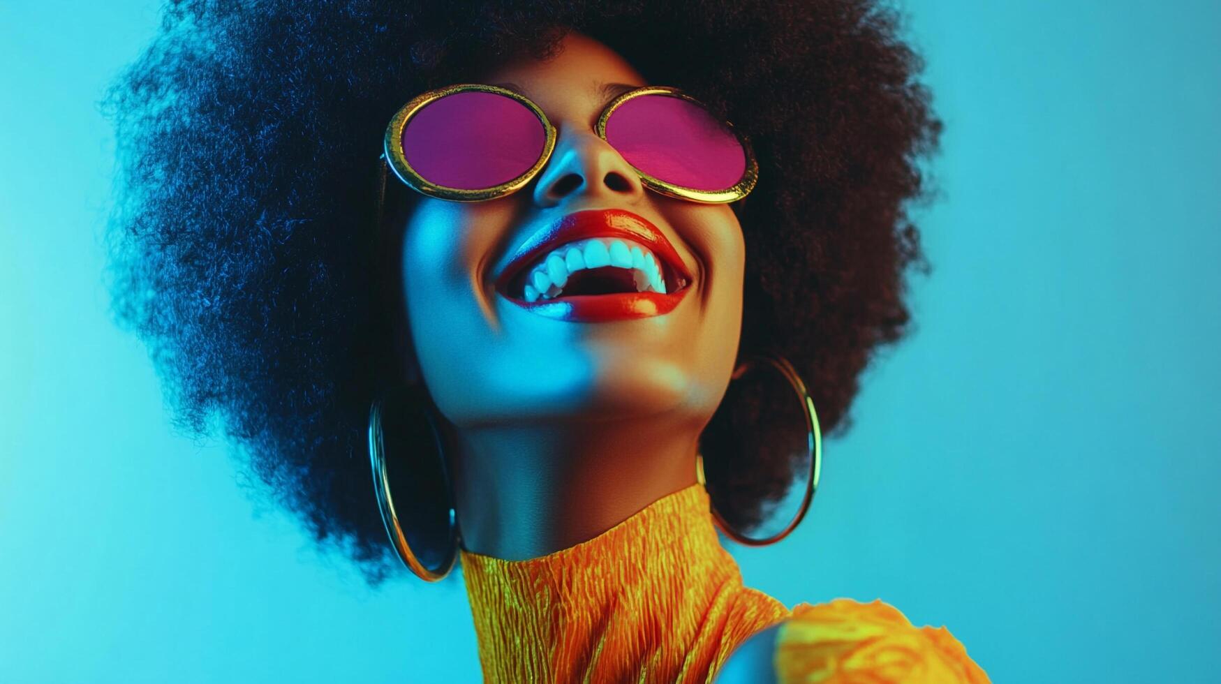 Radiant Afro woman with joyful expression. Her retro style with magenta glasses and gold earrings adds to the bright atmosphere. photo