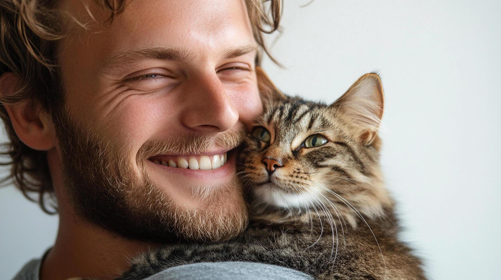 Smiling man with light brown hair holding a fluffy cat in his arms, showcasing affection and happiness in a light-toned indoor setting. photo