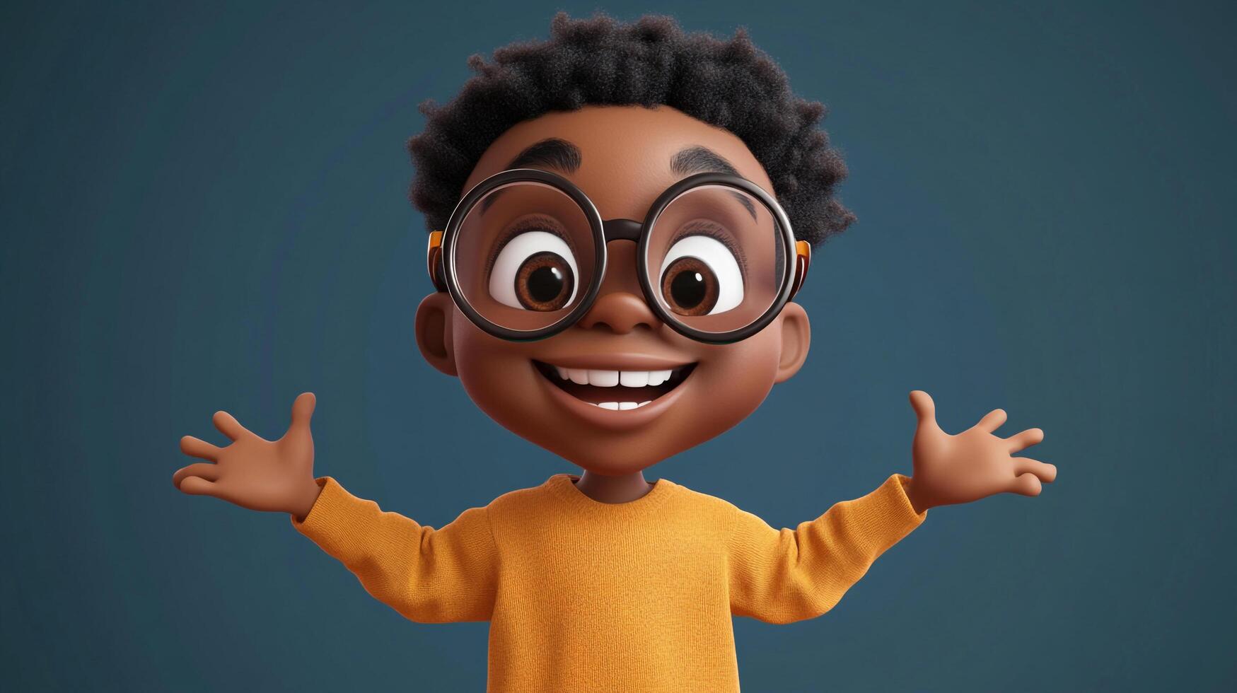 Cartoon rendering of a child, wearing glasses and a yellow shirt, set against a blue background, with a happy expression. photo