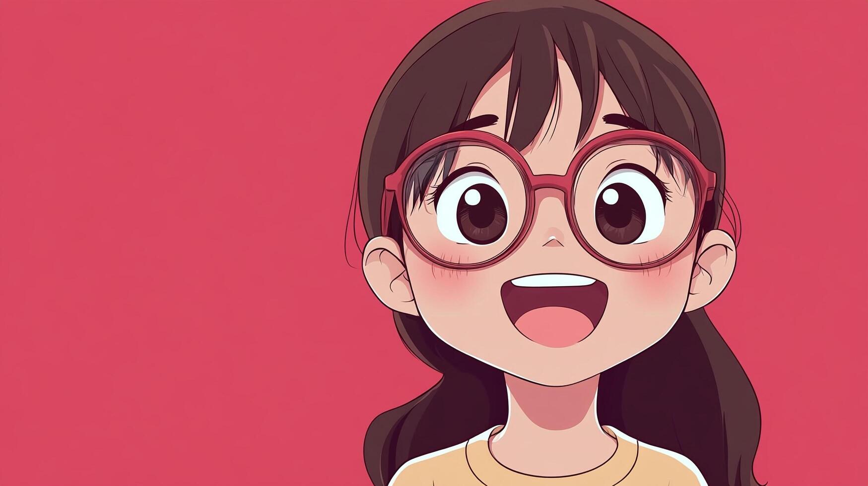 Illustration of a happy girl with brown hair wearing round glasses, set against a vibrant red background. She is smiling with her mouth open. photo