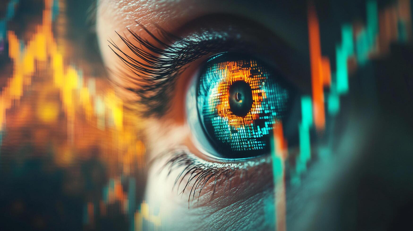 Eye reflecting stock market data, portraying the intense focus on financial trends and investment analysis. Intricate patterns and data streams. photo