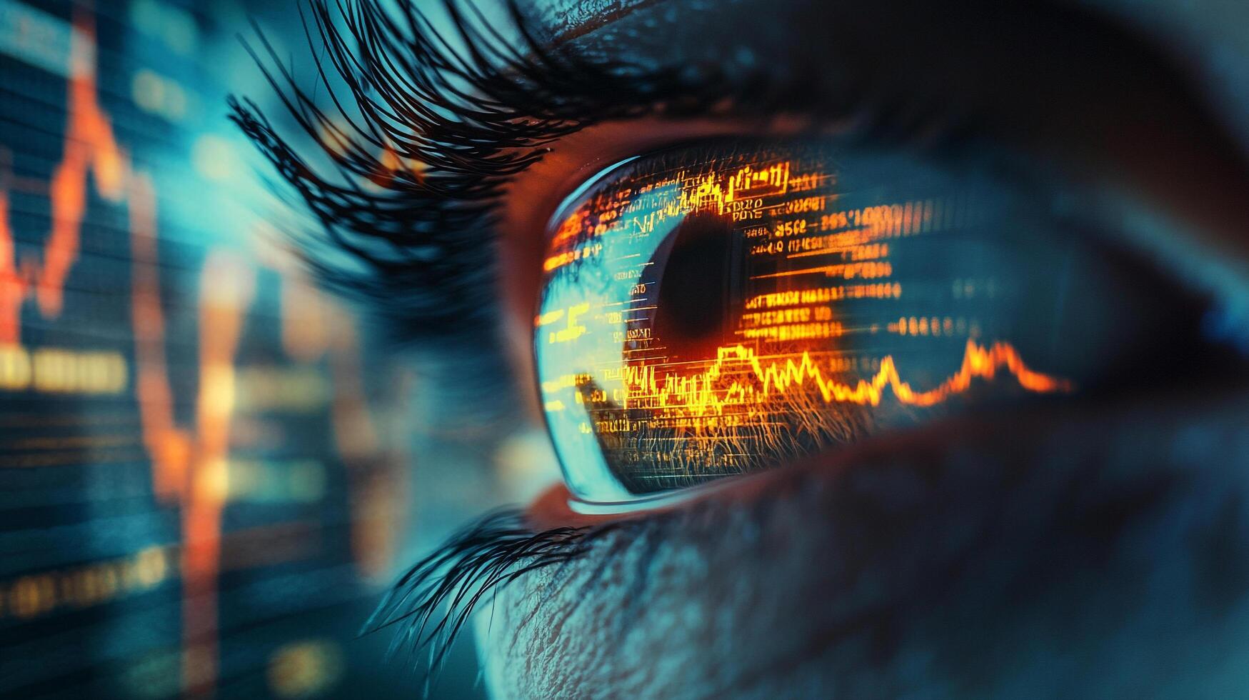 Human eye reflecting financial data, representing vision, future, and the interconnection of technology with the human perspective photo