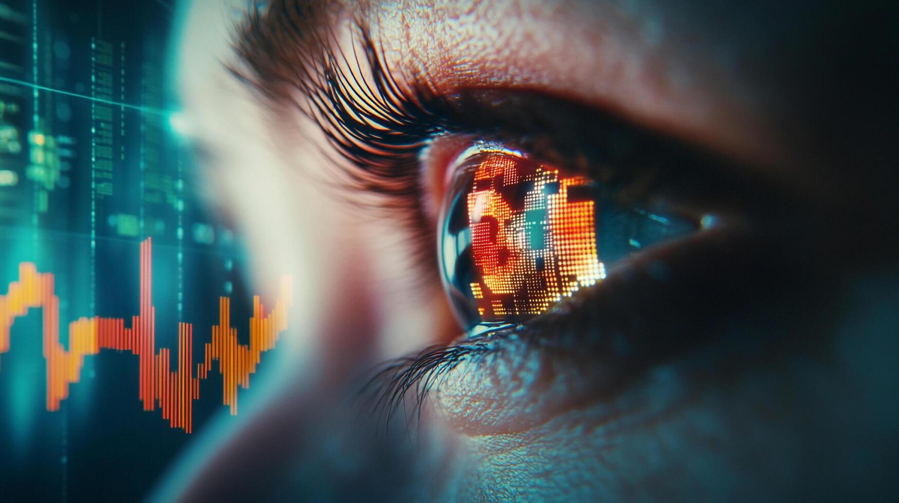 Eye reflecting financial market data, symbolizing vision and insight in finance, showcasing technology and information analysis. photo