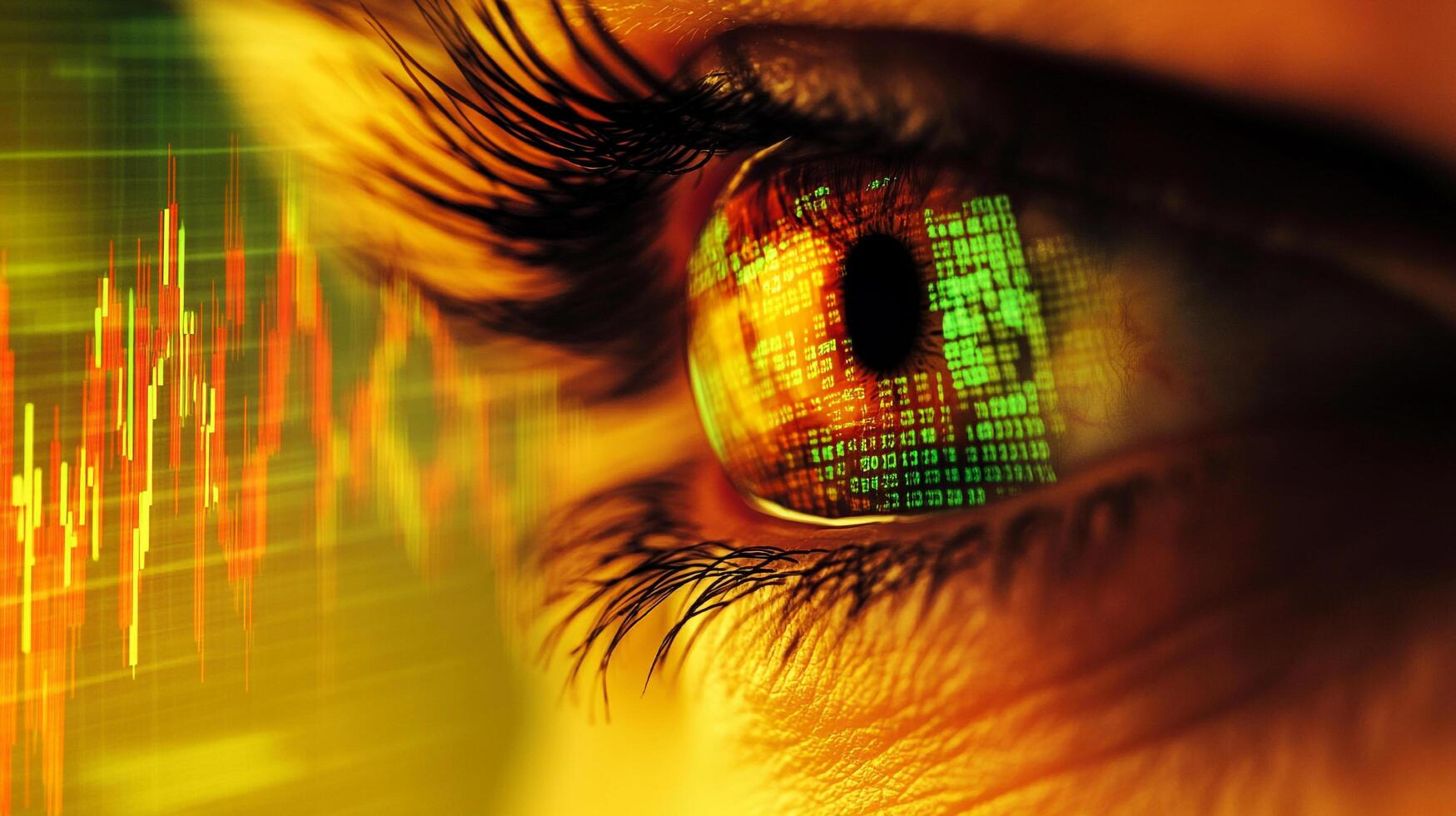 A close-up image of an eye with financial data and stock market graphs reflected, symbolizing investment or stock trading insights. photo