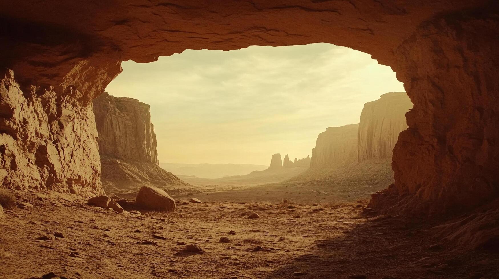 Desert vista viewed from a cave opening, showcasing the grandeur of nature with towering rock formations and a hazy, golden sky. photo