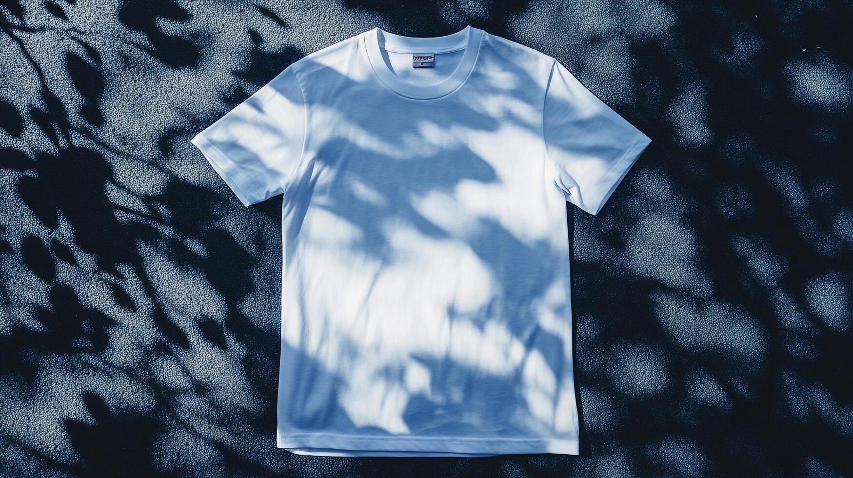 A simple white shirt is artistically displayed on a textured surface, bathed in dappled light and shadows of tree branches creating a serene scene. photo