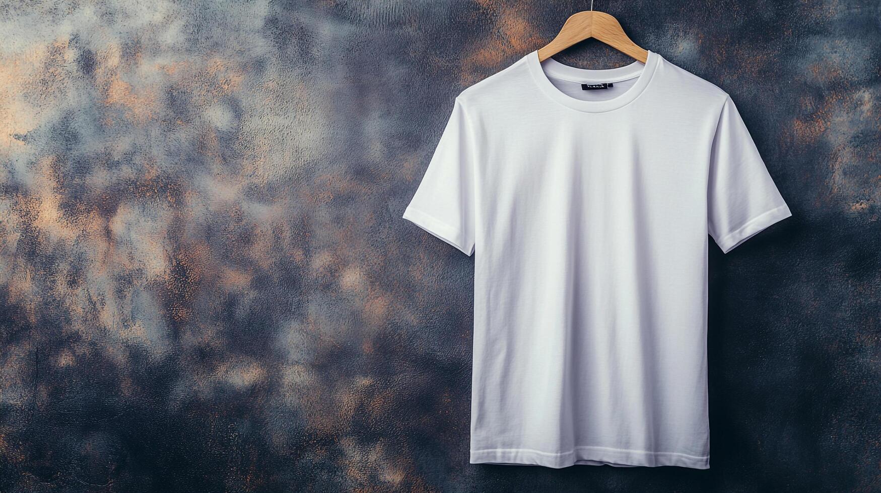 White t-shirt hanging on a wooden hanger against a textured, dark background. Simplicity and clean design meet rustic textures. photo