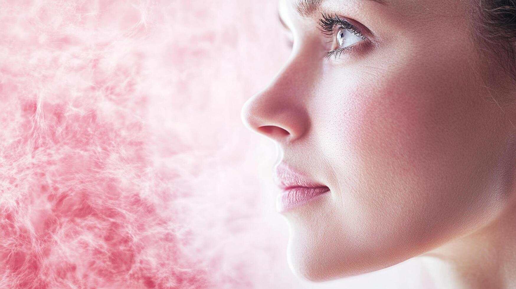 Profile of a woman with serene eyes and rosy skin set against an abstract, pink backdrop evokes beauty and feminine mystique. photo