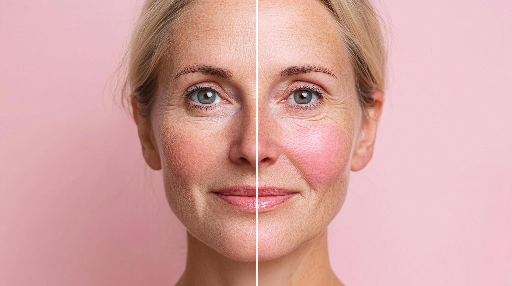 Woman's face split showing different makeup looks highlighting skin comparison, before and after transformation on pink background. photo