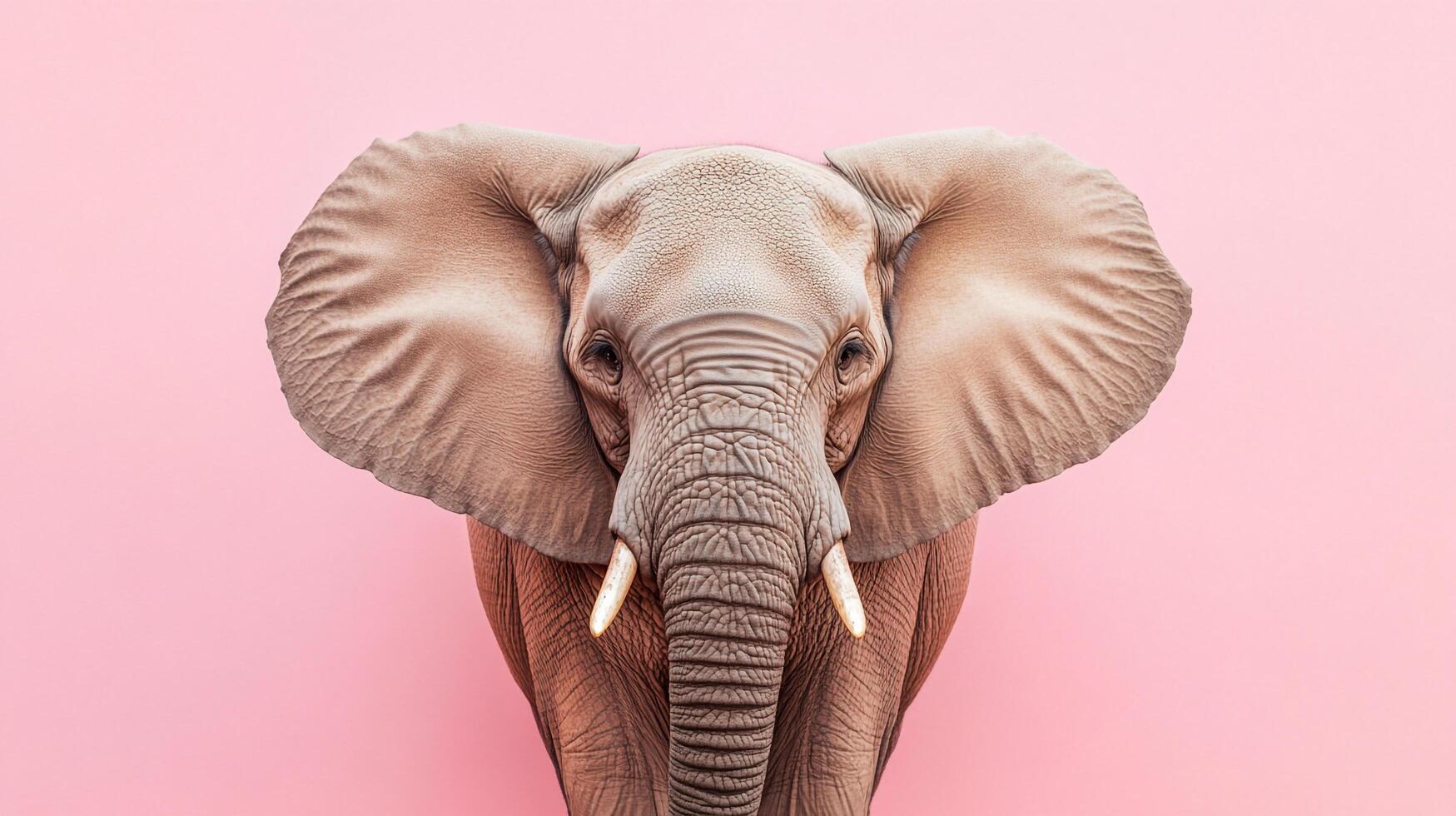 Elephant portrait with wide ears and tusks. Soft lighting enhances the gentle facial features against a pastel pink background. photo
